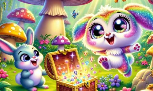 In the center of the image, Twinkle, a small magical being with shimmering rainbow-colored fur, is jumping for joy. His large sparkling eyes express contagious excitement as he discovers a colorful chest in an enchanted clearing. To his right, Lila, a little blue bird with shiny feathers, flies in circles, her wide eyes filled with curiosity as she chirps excitedly. To the left, Benny, an adorable rabbit with big ears and soft fur, crouches down, his nose twitching with excitement as he examines the chest with a surprised expression. The setting is a magical clearing filled with giant brightly colored mushrooms, dancing flowers, and a soft ray of sunlight filtering through the tree leaves. The main scene shows Twinkle and his friends discovering a mysterious chest surrounded by sparkling treasures, sharing laughter and amazed looks, ready to solve the mystery ahead.