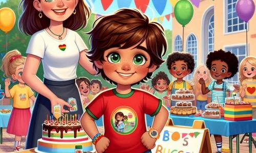 Un niño de 7 años, Lucas, con cabello castaño y ojos verdes brillantes de emoción, se encuentra en el centro de la escena. Lleva una camiseta roja y un pantalón corto azul, sonriendo con orgullo mientras sostiene un cartel colorido anunciando una colecta de fondos. A su lado, su maestra, la señorita Ana, una mujer de unos treinta años con cabello castaño y gafas, sonríe cálidamente animando a los niños a participar en la fiesta. Al fondo, niños de diferentes edades, algunos con delantales, venden pasteles y juguetes hechos a mano, mientras otros juegan a juegos coloridos. El lugar es un encantador patio escolar, decorado con globos multicolores y guirnaldas de papel, con mesas de madera llenas de delicias y juegos divertidos. La escena es animada y alegre, llena de risas y sonrisas, ilustrando el espíritu de solidaridad y apoyo de la comunidad.