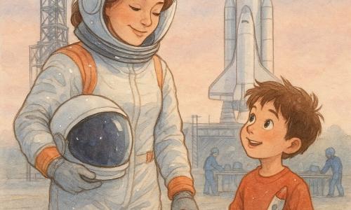 O femeie astronaut, cu chip senin și luminos, zâmbește ușor; poartă un costum spațial alb și portocaliu ușor șifonat, cască ținută sub braț, privire plină de speranță. Un băiat de 9 ani, păr brun dezordonat, îi ține mâna, uimit, ținând în cealaltă mână o mică machetă de rachetă. În fundal, doi membri ai echipei în combinezoane albastre lucrează lângă o masă cu echipamente. Locația: zonă de lansare dimineața, sol din beton texturat cu benzi galbene, o mare rachetă alb‑argintie se înalță în spate, scări, cabluri și o rampă de lansare în stânga, cer pastelat roz‑albastru. Situația: momentul rămas‑bun înainte de decolare — strângere tandră de mână, valiză de misiune pe sol, atmosferă de emoție calmă și aventură iminentă. Lumină blândă de zori, picături fine de ploaie pe costum ce reflectă puncte luminoase. Paletă aquarelă: rozuri, albastru pal, portocalii calde, contururi fine în cerneală neagră; compoziție: planuri apropiate pe chipuri și rachetă, spațiu liber în dreapta pentru titlu.