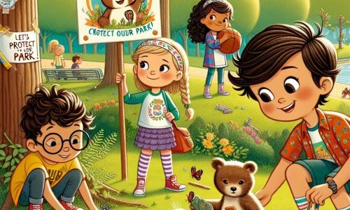 En un parque soleado, cuatro amigos de ocho años están en plena acción. Lucas, un niño de cabello castaño y gafas redondas, está agachado cerca de un árbol, recogiendo basura con una gran sonrisa. Al lado de él, Carla, una niña de cabello rubio trenzado y camiseta colorida, dibuja un gran cartel con un oso y el mensaje "¡Protejamos nuestro parque!" en una hoja de papel. Tomás, un niño de cabello negro y despeinado, está de pie sosteniendo un viejo balón de fútbol, listo para jugar después de limpiar. Finalmente, Sofía, una niña de cabello castaño rizado y una diadema floral, libera una pequeña mariposa que encontró atrapada en un desecho, con una mirada dulce y decidida. El parque está lleno de vegetación, con grandes árboles de hojas brillantes, un pequeño estanque que brilla al sol y flores coloridas que añaden vida al entorno. Aunque hay basura en el suelo, la atmósfera es alegre y llena de esperanza. Los cuatro amigos están limpiando el parque, recogiendo basura y concienciando a otros niños sobre la importancia de preservar la naturaleza, mientras se divierten y comparten risas.