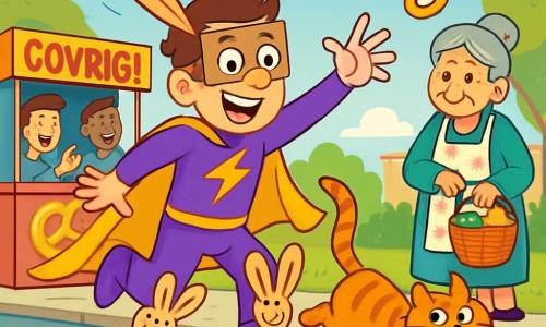 Un super-erou comic, un bărbat pe nume Emil, stă în centrul imaginii, cu un zâmbet șiret pe față. Poartă un costum de super-erou violet cu fulgere galbene, o pelerină fluturând și o mască din carton. Genunchii săi sunt împodobiți cu urechi mari de iepure, ceea ce îi dă un aer amuzant și surprinzător. Emil aleargă înapoi, cu brațele desfăcute, ca și cum ar încerca să zboare. În dreapta sa, o femeie în vârstă, Tanti Maria, de aproximativ 70 de ani, observă scena cu un zâmbet amuzat. Are părul gri aranjat în coc și poartă un sort cu flori, ținând un coș de cumpărături. Se află pe trotuar, la câțiva pași de Emil, și pare pregătită să râdă de peripețiile lui. În fundal, o gheretă colorată vinde covrigi, înconjurată de clienți curioși. Cerul este albastru cu câteva nori albi, iar copacii verzi împrejmuiesc strada animată. Situația principală îl arată pe Emil alergând după o pisică tigrată care a furat covrigi, în timp ce clienții râd și aplaudă în jurul lor. Covrigii zboară prin aer, adăugând o notă de magie și nebunie scenei.