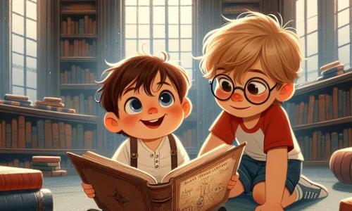 Ein einjähriger Junge mit zerzausten blonden Haaren und großen neugierigen Augen sitzt auf dem Boden einer Bibliothek. Er lächelt staunend und hält ein altes Buch mit vergilbten Seiten, dessen runde, rosige Wangen sein Gesicht erhellen. Neben ihm beugt sich sein Freund Leo, ein fünfjähriger Junge mit braunen Haaren und runden Brillen, interessiert vor, mit einem konzentrierten Blick. Leo trägt ein rotes T-Shirt und eine blaue Shorts und zeigt auf eine alte Karte im Buch. Die Bibliothek ist groß und mit dunklen Holzregalen voller bunter Bücher gefüllt. Große Fenster lassen Licht herein, das den Staub in der Luft erhellt und eine magische Atmosphäre schafft. Flauschige Kissen liegen auf dem Boden und laden zum Lesen ein. In dieser Szene entdecken Max und Leo ein geheimnisvolles altes Buch, das Hinweise für eine Schatzsuche zu enthalten scheint. Sie sind in die Aufregung ihrer Ermittlung vertieft, bereit, das Geheimnis zu lösen, das auf sie wartet.