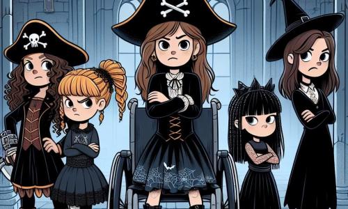 In einer alten, spukenden Villa stehen vier Freundinnen zusammen, bereit für das Halloween-Abenteuer. Mia, 10 Jahre alt mit lockigem braunem Haar, trägt ein Piratenkostüm mit einem Federhut und einem Plastikschwert. Lena, 9 Jahre alt mit geflochtenem blondem Haar, ist als Vampirin verkleidet mit einem schwarzen Umhang und spitzen Zähnen. Sara, 10 Jahre alt mit glattem kastanienbraunem Haar, ist als Hexe mit einem spitzen Hut und einem schwarzen Kleid mit Spinnweben gekleidet. Emma, 11 Jahre alt im Rollstuhl, trägt ein glitzerndes Zauberinnenkostüm mit einem großen, sternenbesetzten Hut und einem Zauberstab. Die Villa ist riesig, mit grauen Steinmauern, zerbrochenen Fenstern und einem von Dornen überwucherten Garten. Die vier Freundinnen entdecken einen alten, dunklen Flur, wo ein kleiner, freundlicher Geist namens Winky sie in einen Raum mit magischen Süßigkeiten führt, während ein leichter Wind die staubigen Vorhänge zum Flattern bringt.