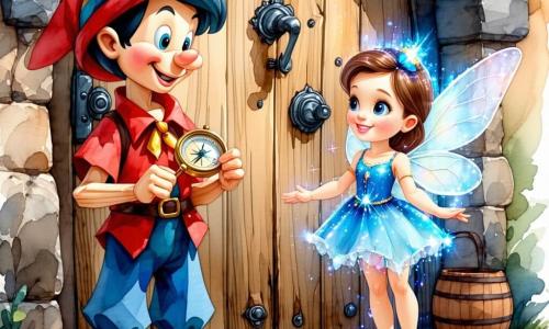 Pinokio, drewniana marionetka z ciekawym uśmiechem i iskrzącymi oczami, stoi przed dużymi drewnianymi drzwiami ozdobionymi tajemniczymi rzeźbieniami. Ma na sobie czerwoną koszulę i niebieskie spodnie, a w ręku trzyma mały błyszczący kompas. Obok niego unosi się Błękitna Wróżka, świetlista wróżka z przezroczystymi skrzydłami i błyszczącą niebieską suknią. Ma życzliwą twarz i patrzy na Pinokia zachęcającym wzrokiem. Znajdują się w zaczarowanym ogrodzie, gdzie kwiaty mają płatki w kształcie liter, a drzewa zdają się szeptać stare opowieści. Światło słoneczne przesącza się przez liście, tworząc tańczące wzory na ziemi. Główna scena ukazuje Pinokia wyciągającego rękę w stronę drzwi, gotowego odkryć magiczny świat, który się za nimi kryje, podczas gdy wróżka towarzyszy mu w tej przygodzie pełnej obietnic.