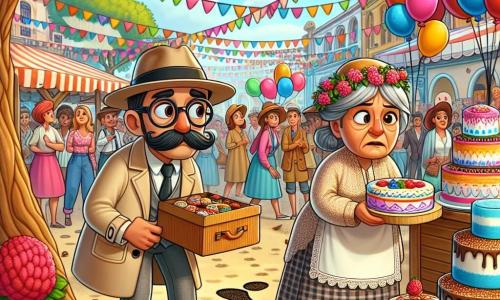 Un hombre, Léon, es un detective privado con un gran bigote negro y gafas redondas. Lleva un trench-coat beige y un sombrero de detective. Su rostro expresa curiosidad y preocupación mientras examina una huella en el suelo. A su lado, la señora Margarita, una mujer de unos 50 años, tiene el cabello gris recogido en un moño y lleva un delantal de flores. Mira a su alrededor con una expresión de sorpresa, sosteniendo una caja de pasteles en sus manos. El lugar es una plaza animada de la ciudad de Colorete, decorada con guirnaldas coloridas y globos flotantes. En el centro, un gran árbol da sombra al festival, mientras que un pequeño quiosco de pasteles se encuentra a un lado, con pasteles de todos los colores. La situación principal muestra a Léon examinando el suelo, mientras que la señora Margarita parece perdida y preocupada, rodeada de gente que se pregunta sobre su desaparición.