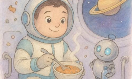 Un uomo, Elio, dal viso rotondo e gli occhi lucenti come piccole lune, sorriso sereno, indossa una tuta spaziale crema brillante con inserti turchesi; fluttua semi-seduto mescolando delicatamente una piccola ciotola di zuppa con un cucchiaio magnetico. Accanto a lui, a destra, un piccolo robot compagno rotondeggiante, metallo lucido e occhi azzurri, tiene una bottiglia d'acqua e osserva curioso. L'interno della stazione spaziale è circolare con pareti madreperlate, maniglie metalliche e oggetti leggeri che galleggiano (tazza, penna, verdure disidratate); una grande finestra ovale mostra Saturno con i suoi anelli dorati. La cucina in microgravità presenta pezzi di verdura che fluttuano come bolle, una leggera vaporosità e una luce dolce lilas e azzurra che crea un'atmosfera calma e accogliente.