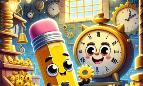 Freddie, ein kleiner anthropomorpher Bleistift mit einem schelmischen Lächeln und funkelnden Augen, steht im Zentrum des Bildes und hält ein kleines goldenes Zahnrad in seinen kleinen Händen. Er trägt einen rosa Radiergummi in Form eines Huts auf dem Kopf und hat einen leuchtend gelben Körper, der vor Aufregung und Entschlossenheit strahlt. Rechts von ihm steht eine große alte Uhr mit weisen Augen und einem freundlichen Gesicht, die wohlwollend lächelt, während ihre Zeiger sich bewegen und zeigen, dass sie wieder läuft. Im Hintergrund ist eine weitläufige Uhrmacherwerkstatt zu sehen, gefüllt mit glänzenden Zahnrädern, funkelnden Federn und großen Uhren an den Wänden, die eine magische und geheimnisvolle Atmosphäre schaffen. Sonnenlicht strömt durch ein staubiges Fenster und taucht die Szene in einen sanften goldenen Schein. Die Hauptsituation zeigt Freddie, der triumphierend das Zahnrad an seinen Platz im Uhrwerk zurücksetzt, während um ihn herum Funken der Freude sprühen, die die Wiederbelebung der Stadt symbolisieren.