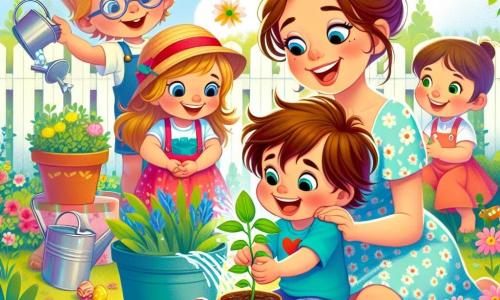 Un bambino di 4 anni, Matteo, con capelli castani disordinati e un grande sorriso, è accovacciato in un giardino colorato, tenendo un piccolo seme tra le mani. Indossa una maglietta blu brillante e un cappello rosso, e il suo sguardo è pieno di meraviglia e curiosità. Accanto a lui, sua madre, una donna di circa trent'anni con capelli castani raccolti in uno chignon, sorride mentre versa acqua in un vaso di fiori. Indossa un vestito leggero a fiori e si china leggermente verso Matteo, incoraggiandolo. Nel giardino, gli amici di Matteo, Sara, una bambina di 4 anni con capelli biondi e trecce, e Luca, un ragazzo di 5 anni con occhiali e capelli castani, sono seduti su una coperta vicina, circondati da piccoli giocattoli e uova di Pasqua colorate. Il giardino è un luogo magico, pieno di fiori vivaci, farfalle svolazzanti e un grande albero verde sullo sfondo, sotto un cielo blu chiaro punteggiato di nuvole bianche e soffici. La scena principale mostra Matteo, meravigliato, mentre pianta un piccolo seme in un vaso, mentre sua madre lo aiuta e i suoi amici giocano felicemente accanto a loro, creando un'atmosfera di gioia e scoperta primaverile.