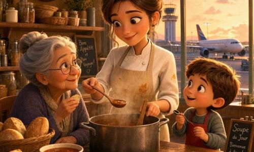 La cocinera es una mujer joven, sonriente y serena, ojos brillantes, pelo castaño recogido en un moño, delantal crema con manchas de harina; remueve una gran cacerola de salsa marrón con una cuchara grande de madera, gestos suaves y lentos. A su derecha, un niño de unos 6 años, pelo corto castaño, lleva un pequeño delantal rojo, sostiene una mini cuchara y mira la cacerola maravillado. A la izquierda, sentada en un taburete, una anciana de unos 70 años, cabello gris en moño y gafas redondas, sostiene un trozo de pan y sonríe. La escena ocurre en una pequeña cocina luminosa en un aeropuerto, con azulejos cálidos, grandes ventanales que muestran una pista con un avión encendido, estanterías de madera con frascos y cestas de pan y un gran reloj de pared; luz dorada de atardecer y vapor de la cocción visible. La cocinera comparte una cuchara de salsa con los viajeros; ambiente cálido y cercano, humo suave ascendiendo de la cacerola, rostros reunidos alrededor de una gran mesa, decoración colorida y infantil, texturas suaves y formas redondeadas.