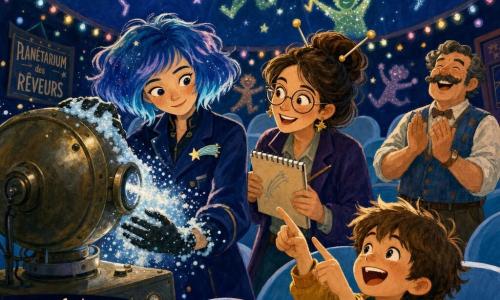 Lía, heroína de rostro suave y decidido, sonrisa tímida, cabello eléctrico estilo "pomelo" con reflejos azules, chaqueta azul noche y broche en forma de cometa, manos enguantadas cubiertas de espuma brillante mientras toca un gran proyector redondo en una pose serena; Nora, mujer de unos 35 años con moño tipo antena y gafas redondas, expresa entusiasmo y calma junto al proyector con un bloc de notas; un niño de 8 años, castaño y risueño, en primera fila señala al techo formando una constelación con las manos; un hombre de unos 50, bigotudo y jovial, aplaude detrás; interior del planetario con cúpula azul profunda, butacas claras, un viejo proyector metálico que lanza espuma brillante y luces que proyectan estrellas coloreadas; situación: las estrellas imitan las formas del público y Lía convierte la broma ruidosa en una constelación colectiva, suave y espumosa, ambiente cómico y cálido, colores saturados y texturas de gouache.