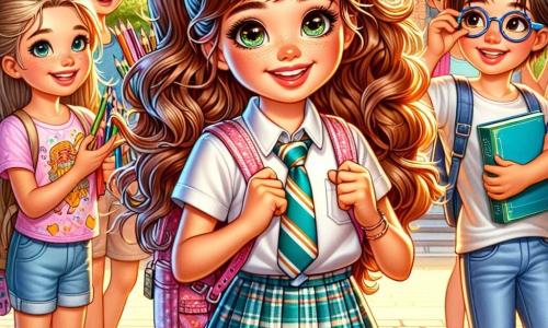 Mara, una niña de 11 años, está en medio de un patio escolar animado, con cabello castaño rizado y ojos llenos de curiosidad. Lleva un uniforme escolar con una falda a cuadros y una blusa blanca, y su sonrisa radiante muestra su emoción por el nuevo año escolar. Sostiene una gran caja de lápices de colores, lista para compartir con sus nuevos amigos. A su lado, Lucía, otra niña de 11 años con cabello largo y liso recogido en una cola de caballo, lleva una camiseta colorida y jeans, y mira a Mara con una gran sonrisa, sosteniendo una cámara lista para capturar el momento. Más lejos, Diego, un niño de 11 años con cabello corto y gafas redondas, observa la escena con timidez, sosteniendo un libro en sus manos. La escena transcurre en un patio escolar soleado, rodeado de árboles de hojas verdes vibrantes y bancos coloridos donde otros niños juegan y ríen. La situación principal muestra a Mara, Lucía y Diego conociéndose por primera vez, intercambiando sonrisas y risas, simbolizando el inicio de una hermosa amistad y la emoción de un nuevo año escolar lleno de aventuras.