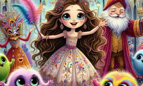 Una ragazza di 12 anni, Sofia, con lunghi capelli castani ondulati, indossa un magnifico abito colorato decorato con paillettes e piume. Ha occhi brillanti di curiosità e un ampio sorriso mentre balla gioiosamente in mezzo a una folla di creature fantastiche. Accanto a lei, Pip, una piccola creatura pelosa e colorata, cambia tonalità a seconda del suo umore, saltellando con entusiasmo e ridendo. Più lontano, Arlecchino, un uomo anziano con una lunga barba bianca e un costume scintillante, osserva la scena con un sorriso benevolo, tenendo una grande piuma in mano. Il contesto è una piazza vibrante e animata, piena di lanterne luminose, maschere colorate appese agli alberi e bancarelle di dolci. I coriandoli volano nell'aria, creando un'atmosfera festosa e magica. La scena principale mostra Sofia al centro di un carnevale segreto, circondata da creature meravigliose, mentre balla e celebra la gioia dell'amicizia e della creatività, mentre la musica risuona attorno a lei.