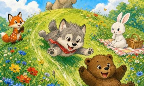 Fluffy grey-and-white wolf pup with big brown eyes and a light red scarf slides down a sunny summer hill, joyful and wind-tousled, while a beige mother wolf stands at the top smiling and applauding; a small red-spotted fox waits in line to the left, a shy white rabbit sits on a floral blanket by a picnic basket, and a chubby brown bear cub slides just ahead with grass skid marks — bright green meadow, colorful flowers, blue sky, butterflies, and a warm family picnic atmosphere.