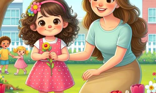 Ein vierjähriges Mädchen namens Mia mit großen neugierigen Augen und lockigem braunem Haar steht lächelnd und voller Freude in der Mitte des Bildes und hält eine kleine bunte Blume in ihren Händen. Sie trägt ein rosa gepunktetes Kleid und gelbe Sandalen und schaut fasziniert auf den Boden, wo sie ihre Blume gerade gepflanzt hat. Neben ihr steht ihre Mutter, eine Frau in den Dreißigern mit langen braunen Haaren, die stolz lächelt. Sie trägt ein hellblaues T-Shirt und einen beigen Rock und beugt sich leicht vor, um ihre Tochter zu ermutigen. Im Hintergrund sieht man einen blühenden Schulgarten mit bunten Blumen: roten Tulpen, gelben Narzissen und weißen Gänseblümchen. Kinder spielen fröhlich um sie herum, und ein großer grüner Baum mit vielen Blättern spendet Schatten. Die Szene zeigt den Moment, in dem Mia ihre erste Blume während eines Frühlingsfestes im Schulgarten pflanzt, umgeben von Lachen und leuchtenden Farben, die die Freude und Schönheit des Frühlings symbolisieren.