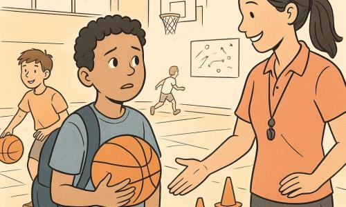 A nervous but curious 10-year-old boy with a round face, short curly hair, a simple t-shirt and a backpack slipping off one shoulder holds a basketball to his chest and hesitates at the entrance of a school gym while Coach Rina (about 30–35), smiling with a ponytail, encourages him with an outstretched hand near orange cones; another boy, Leo (about 10), laughs and awkwardly dribbles to the left, children move around, sunlight filters through large windows onto the varnished wooden floor with white lines, a high basketball hoop, aligned orange cones and a whiteboard with footwork diagrams, creating a calm, encouraging learning atmosphere.