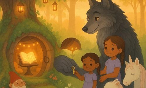 Een vriendelijke, grote weerwolf met donkergrijs, zilverbesprenkeld vacht, glanzende amber ogen en zachte glimlach knielt terwijl hij een kleine gouden sleutel in zijn grote poot ontvangt; naast hem rechts staat Mira, ongeveer 6 jaar, lichtkastanjebruin haar in vlechten en een eenvoudige lavendelkleurige jurk, trots de sleutel houdend; achter Mira ligt een witte eenhoorn met zijdezachte vacht en pastelkleurige manen die haar hoofd op Mira’s knieën legt; een mollige lichtgroene draak blaast kleine hartvormige rookwolkjes vanaf een nabijgelegen wortel; een rond, jolig kaboutertje met rood hoedje zit op een moskussen voor een deur en tikt op een houten staf; links op de achtergrond staat een oude eik met geribbelde schors, spiraalvormige wortels en bladerdak met kleine lampjes; voor hen is een in wortels verborgen deur bedekt met groene mos en bloemen, met een rond ijzeren ring; binnen is een warme kamer verlicht door gele lichtslingers, fluwelen kussens en een groot, lichtgevend boek op een lessenaar; sfeer gezellig en magisch, warme pastelkleuren, zacht contrast, zonsonderganglicht tussen de bomen, strakke vectorstijl en eenvoudige vormen voor peuters.