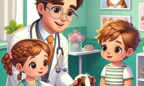 No centro da imagem, o Dr. Lucas, um homem jovem de cerca de trinta anos, com cabelos castanhos e óculos redondos, exibe um sorriso caloroso e benevolente. Ele usa um jaleco branco de veterinário, um estetoscópio ao redor do pescoço e está examinando um porquinho-da-índia fofo em uma mesa de consulta. À sua direita, Pedro, um garoto de 8 anos com cabelos loiros bagunçados e olhos brilhantes de curiosidade, observa com admiração o Dr. Lucas, segurando seu porquinho-da-índia nos braços. À sua esquerda, Ana, uma menina de 7 anos com cabelos castanhos trançados, observa atentamente, com as mãos na cintura, ansiosa para aprender. A cena acontece em uma clínica veterinária iluminada e acolhedora, com paredes pintadas de verde pastel, cartazes de animais sorridentes pendurados e brinquedos para animais espalhados pelo chão. Uma janela deixa entrar a luz do sol, iluminando o espaço. A situação principal mostra o Dr. Lucas explicando às crianças como cuidar dos animais, enquanto o porquinho-da-índia, curioso, explora a mesa, adicionando uma pitada de vida e alegria à ilustração.