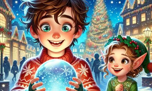 An 11-year-old boy named Oliver stands center stage, with messy brown hair and sparkling curious eyes. He wears a red wool sweater with snowflake patterns, and his face shows great excitement as he holds a beautiful sparkling snow globe in his hands. Next to him is a small elf named Elara, about 8 years old, with curly blonde hair and pointed ears, joyfully smiling while holding a garland of holly. She is dressed in a green sequined dress and stands slightly back, admiring Oliver. In the background, a majestic illuminated Christmas tree stands in the center of Everfrost village, surrounded by gently falling snowflakes. The village is adorned with twinkling lights and colorful garlands, creating a magical atmosphere. The scene depicts Oliver discovering the magical power of the snow globe, as snowflakes dance around him, symbolizing the awakening Christmas magic in the enchanted village.