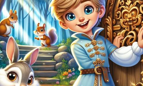 Prințul Andrei, un băiat de aproximativ 10 ani, are părul blond și ochii strălucitori de curiozitate. Poartă o tunică albastră cu motive aurii și o pereche de pantaloni albi. Cu un zâmbet larg pe față, stă în fața unei uși magice din lemn sculptat, pregătit să o deschidă, cu mâinile pe mânere. Lângă el, Roco, un iepuraș cu urechi mari și blană albă, sare vesel, cu ochii strălucind de excitație, nerăbdător să descopere ce se află în spatele ușii. Mai departe, Lari, o veveriță jucăușă cu blană roșie, se cațără pe o ramură, observând scena cu un zâmbet jucăuș. Scena are loc într-o pădure fermecată, unde copacii sunt înalți și măreți, iar frunzele strălucesc în mii de culori sub soare. Flori multicolore acoperă solul, iar razele de lumină se filtrează prin ramuri, creând o atmosferă magică. Prințul Andrei, împreună cu prietenii săi, se pregătește să deschidă ușa misterioasă care duce într-o lume magică, plină de secrete și aventuri, în timp ce împărtășesc râsete și zâmbete, nerăbdători să descopere ce îi așteaptă de cealaltă parte.