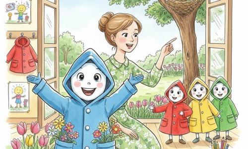 The main character is a small bright-blue anthropomorphic raincoat, smiling and amazed, with white round buttons and pockets full of flowers, standing center and raising a sleeve to show a flower in the sunlight; Miss Flora, a human teacher with light-brown hair in a bun wearing a green floral dress, kneels behind and points at a nest in a large tree; other small colorful raincoats (red, yellow, green) watch curiously from hooks or follow in line; the sunlit classroom opens onto a garden with open windows, children's murals, pencil pots, a green lawn and beds of pink and yellow tulips; the scene evokes a joyful spring nature outing in soft ink and watercolor-wash textures.