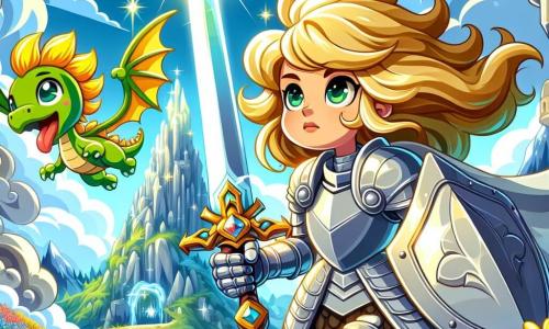 In the foreground, Seraphina, a valiant young woman of about 20, stands proudly in shimmering silver armor that sparkles in the sunlight. Her determined face, with courageous bright eyes and flowing golden hair, exudes confidence as she wields a glowing sword, ready to defend her kingdom. Beside her, Sparky, a small green dragon with emerald eyes, joyfully flies around her, his translucent wings sparkling like gems, playfully releasing small sparks of fire. In the background, the scene unfolds atop a majestic mountain surrounded by fluffy white clouds. The bright blue sky and intense sunlight illuminate the landscape, where colorful flowers bloom on the slopes and a rocky path leads to a mysterious cave, glowing with the light of the Crystal of Light inside. The main situation depicts Seraphina and Sparky preparing to confront the evil sorcerer Malakar, who emerges from the cave's shadows, ready to cast a spell. The atmosphere is charged with energy, with magic sparks in the air, as Seraphina stands firm, ready to defend her kingdom.