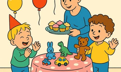 Three characters: Sunny, a blond 4-year-old boy with round cheeks and a shiny red hat standing left of the table laughing and clapping; Max, a curly brown-haired 4-year-old boy on the right offering a small teddy and waving; their mother, about 30, hair in a bun, gentle face, standing behind the table holding a tray of colorful cupcakes and leaning toward the children. Setting: a small cheerful room with cream walls, multicolored garlands, red, blue and yellow balloons, and a light wooden round table with a pink polka-dot cloth and toys on it. Main scene: a simple, lively birthday moment—both boys smiling and moving around the table while the mother brings pastel-frosted cupcakes; soft light, saturated colors, clear lines and rounded shapes, warm welcoming atmosphere.
