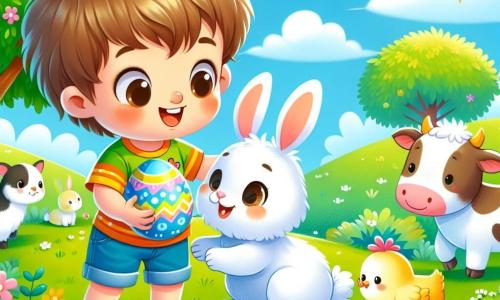 A 2-year-old boy with messy brown hair and sparkling eyes stands in the center of the image. He wears a colorful t-shirt with rabbit patterns and denim shorts, smiling widely as he holds a large shiny Easter egg in his small hands. Next to him is an adorable white bunny with big ears and soft fur, looking at the boy with curiosity, its round eyes filled with excitement. A friendly brown and white cow stands peacefully in the field, while a tiny, cute yellow chick pecks at the green grass at its feet. The scene takes place in a green field dotted with colorful flowers under a bright blue sky, with a large tree providing shade. In the distance, gentle hills and a radiant sun illuminate the whole scene. The boy, the bunny, the cow, and the chick joyfully gather around the Easter egg, ready to share a delicious chocolate surprise, their faces glowing with happiness and friendship.