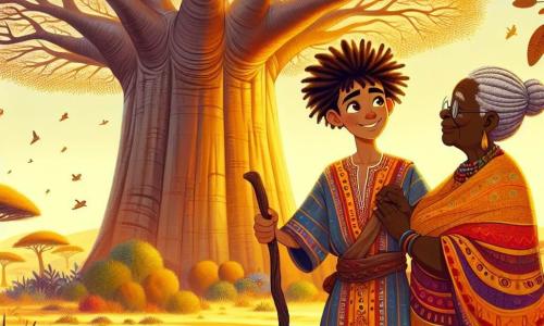 Jabari, an 18-year-old African man, stands under a majestic baobab tree, his face lit up with a curious and amazed smile. He has warm brown skin, curly hair, and sparkling eyes that reflect his adventurous spirit. He wears a colorful tunic adorned with traditional patterns and holds a carved wooden staff, symbolizing his journey. Next to him, a wise old woman, around 70 years old, stands respectfully. She has braided gray hair and wears a vibrant earth-toned dress, her hands resting on her belly, reflecting her wisdom and connection to nature. The setting is a golden savannah landscape, bathed in the warm light of sunset, with gently swaying grasses and colorful birds flying overhead. The baobab stands tall at the center, its branches extending like welcoming arms. The main scene shows Jabari attentively listening to the old woman as she shares ancient stories and life lessons, symbolizing the transfer of wisdom from one generation to another in a moment of deep connection and cultural sharing.