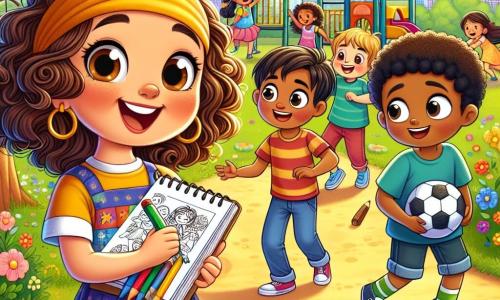 A 9-year-old girl, Mia, with curly hair and a colorful dress, smiles joyfully while holding a pencil and a sketchbook. Her eyes sparkle with enthusiasm as she encourages a group of children to play together. Next to her, Amir, a 10-year-old boy with dark skin and short hair, watches with a shy smile. He wears a blue t-shirt and jeans, holding a soccer ball, ready to join the game. The setting is a sunny park filled with lush trees, colorful flowers, and a lively playground where other children are laughing and playing. The scene shows Mia, with her contagious energy, urging the children to include Amir in their game, illustrating the importance of inclusion and friendship beyond cultural differences.