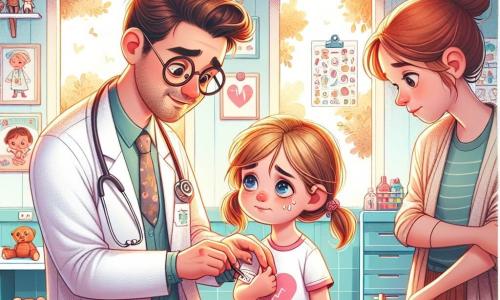 Um médico, o doutor Carlos, sorridente e gentil, usa um jaleco branco e um estetoscópio ao redor do pescoço. Ele tem cabelos castanhos e óculos redondos que lhe conferem um ar amigável. Ele está agachado, examinando o braço de uma menina com atenção e delicadeza. Ao lado dele, a pequena Sofia, de 6 anos, tem cabelos loiros e olhos azuis. Ela veste uma camiseta rosa e tem um leve sorriso, embora ainda tenha lágrimas nos olhos. Sua mãe, uma mulher de trinta anos com cabelos castanhos e uma expressão tranquilizadora, está ao lado dela, segurando sua mão para dar coragem. A cena ocorre em um consultório médico colorido, cheio de brinquedos e desenhos infantis nas paredes. Cartazes educativos sobre saúde decoram o ambiente, e uma luz suave entra pela janela, criando uma atmosfera acolhedora. O doutor Carlos examina o braço de Sofia, que acabou de cair no parque, e explica suavemente que vai fazer um curativo especial para ajudá-la a se sentir melhor.