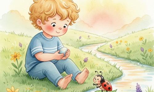 A smiling 2-year-old boy with curly blond hair and rosy cheeks sits in tender green grass, holding a smooth shiny pebble and watching a small red-and-black ladybug on a nearby leaf raise a leg as if pointing the way; he floats a leaf turned into a boat on a narrow crystalline stream reflecting orange and pink sunset hues in a calm, poetic scene with yellow and purple wildflowers, golden light, watercolor textures and subtle splash effects suggesting reflections on the water.