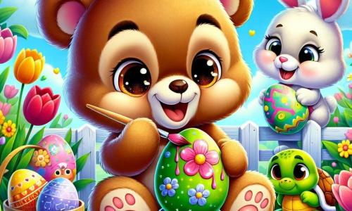 In the center of the image, a teddy bear named Benny, with soft brown fur and sparkling joyful eyes, is painting colorful Easter eggs. He is smiling widely, with rosy cheeks, holding a brush in one paw and splattering paint on an egg. To his right, Clara, a small bunny with big pink ears and white fur, is laughing while painting pink flowers on her egg. She has bright eyes and a joyful smile, standing on her hind legs, full of enthusiasm. To the left, Timmy, a green turtle with a shell decorated with colorful patterns, proudly gazes at his painted green egg featuring small turtles. He has a focused expression, leaning slightly forward to admire his work. In the background, a blooming garden stretches out, with brightly colored tulips and daisies under a clear blue sky dotted with fluffy white clouds. The scene depicts Benny and his friends joyfully celebrating their Easter egg hunt preparation, filled with laughter and creativity.