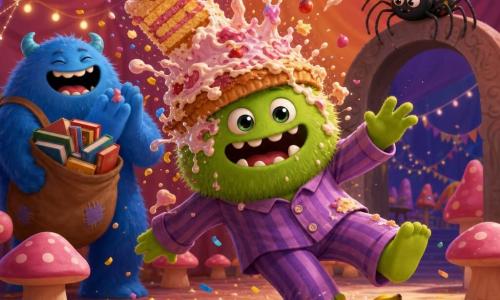 Een monster genaamd Bobbel, glimlachend en onhandig, rond harig felgroen gezicht met suikerachtige witte tanden en grote glanzende ogen, draagt een paars gestreepte pyjama zonder sokken, glijdt op een bananenschil terwijl er een platgedrukte taart op zijn hoofd zit; Snurk, een groter gedrongen monster met dicht blauwe vacht en samengeknepen lachende ogen, staat achter Bobbel en klapt terwijl hij een grote tas vol boeken vasthoudt; De Poortwachter, een kleine vriendelijke spin met rond zwart lichaam en gekleurde stippen, acht dunne poten en een feesthoedje, zit op een boog in de achtergrond en kijkt naar Bobbel; locatie: grote feesttent in warme kleuren met glinsterende spinnenwebslingers, roze paddestoelstoelen en kruimels en roomvlekken op de vloer; situatie: dynamische humoristische scène waarin een taart explodeert en Bobbel bespat, met confetti en taartstukken in de lucht en zacht kleurig licht.