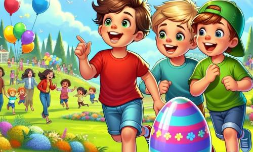 Three joyful boys stand in a sunny park. Tommy, a 7-year-old with messy brown hair and a red t-shirt, points to a colorful egg on the grass. Next to him, Max, a 6-year-old with blond hair and blue shorts, claps his hands enthusiastically. Leo, an 8-year-old with brown hair wearing a green cap, shakes a shiny egg with wide eyes. The park is filled with colorful flowers, floating balloons, and a big blue sky. In the distance, families are having fun, children are running with baskets, and Easter decorations hang from the trees. The three friends discover a giant egg on the grass, and upon opening it, they find a message inviting them to meet the Easter Bunny at a parade. They are all excited and ready to embark on an adventure to find him.