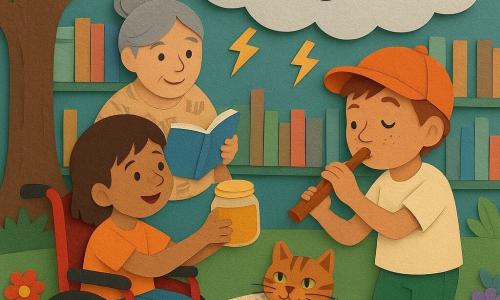 Vier Figuren in einem Garten hinter einer Bibliothek: Lina, 8 Jahre, kurz kastanienbraune Haare, sitzt in einem knallroten Rollstuhl mit Sternaufklebern, lächelt und reicht ein Honigglas; Ben, 8 Jahre, orange Kappe wie ein Umhang, Sommersprossen und grüne Kniebandage, spielt eine kleine Holzflöte und zieht Grimassen, steht rechts vom Rollstuhl; Frau Müller, Mitte fünfzig, Bibliothekarin mit grauem Dutt und Pullover mit Buchmotiven, sitzt zentral hinten auf einer Decke aus ausgeschnittenen Buchseiten, bietet einen Teller Kekse und hält ein aufgeschlagenes Büchlein; die Bibliothekskatze, getigert mit grünen Augen und blauem Schal, schnurrt auf der Decke neben Lina. Der Ort zeigt einen texturierten Rasen, einen alten Apfelbaum links und im Hintergrund stilisierte Papierregale und bunte Blumen; die Szene ist eine warme, magische Versammlung, Kinder singen leise und reichen Kekse, um eine mürrische Wolke über ihnen zu trösten, die überrascht lächelt, metallisch gezeichnete Blitze entspannen sich, weiche Pastelltöne mit lebhaften Akzenten und collagierte Papiertexturen.