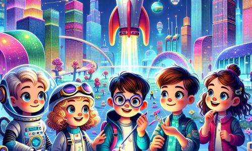 En un parque futurista de Brillovista, cuatro amigos están juntos, rodeados de edificios brillantes y luces de colores. Tomás, un niño de 10 años con una gorra de astronauta y gafas redondas, mira maravillado un cohete colorido que han construido. A su lado, Clara, una niña de 9 años con cabello rizado y vestimenta de exploradora, sonríe sosteniendo una manzana arcoíris. Raúl, un niño de 10 años con cabello castaño desordenado y un traje de robot, examina planos holográficos flotantes. Finalmente, Lucho, un niño de 11 años en una silla de ruedas voladora, ajusta los controles de su cohete con una gran sonrisa en su rostro. El parque está lleno de árboles con frutas multicolores, robots jardineros y juegos futuristas, mientras pantallas holográficas flotan en el aire mostrando imágenes de destinos increíbles. Los cuatro amigos, impacientes y emocionados, están listos para embarcarse en su cohete para una aventura espacial, con estrellas brillantes que comienzan a aparecer en el cielo crepuscular.