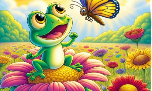 A little frog named Freddy, with bright green skin and big curious eyes, proudly stands atop a giant flower, arms outstretched towards the sky, displaying a wide smile of pride and joy. Beside him, a pretty butterfly named Bella, with colorful blue and yellow wings, joyfully flutters around him, her antennae quivering as she encourages him with an admiring gaze. In the background, a field of vibrant flowers stretches as far as the eye can see, bathed in golden sunlight, with colorful petals in shades of red, pink, and purple dancing in the breeze. The scene captures the moment when Freddy, heart racing with excitement, has overcome his fear and reached the top of the flower, ready to collect the precious golden pollen, symbolizing his courage and adventurous spirit.