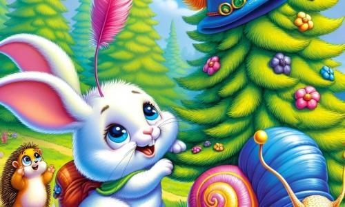 Pippo, un piccolo coniglio bianco con grandi orecchie e occhi pieni di curiosità, si trova ai piedi di un immenso Pino Urlante. Ha un sorriso determinato, pronto a recuperare un grande cappello blu decorato con una piuma rosa, posato in cima all'albero. Accanto a lui, Lalla, una lumaca dai colori vivaci con una conchiglia a spirale brillante, lo incoraggia con uno sguardo ammirato, pronta ad aiutarlo. Poco più in là, Bruno, un piccolo riccio con aculei dorati, osserva la scena concentrato, tenendo una foglia come un drappo di sostegno. Il luogo è un affascinante prato verde, costellato di fiori colorati e illuminato dalla luce dorata del sole, con il Pino Urlante che si erge maestoso, le sue fronde ondeggianti al vento. La scena principale mostra Pippo, determinato e coraggioso, pronto a scalare il tronco liscio dell'albero, mentre Lalla e Bruno lo incoraggiano, creando un'atmosfera di amicizia e avventura.