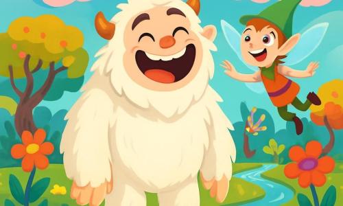 Un giovane yeti di nome Zaccaria, con una pelliccia bianca e soffice, occhi brillanti di malizia e un grande sorriso gioioso, si trova al centro della scena ridendo di cuore. Accanto a lui, un piccolo folletto di nome Pippetto, con ali scintillanti e un cappello a punta, volteggia attorno a lui ridendo, i suoi occhi brillanti di eccitazione. Lo scenario è un incantevole Pantano del Riso, pieno di fiori colorati dalle forme strane e nuvole di zucchero filato che fluttuano in un cielo blu brillante. Ruscelletti scintillanti si snodano attraverso il paesaggio, mentre alberi dai tronchi contorti e foglie multicolori danzano al vento. La scena principale mostra Zaccaria e Pippetto intenti a raccontare storie e far ridere gli animali del pantano, creando un'atmosfera gioiosa e festosa, dove le risate risuonano e i colori brillano intorno a loro.