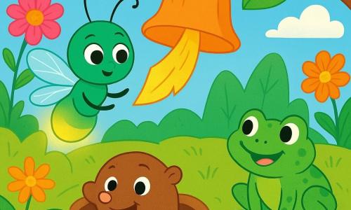 Lina, la luciérnaga, es pequeña y brillante, con un cuerpo verde esmeralda y alas translúcidas que centellean bajo la luz del sol. Tiene una mirada curiosa y asombrada, flotando delicadamente sobre una gran hoja verde, lista para observar el jardín. Topo Mimo, el pequeño topo, es redondo y suave, con pelaje marrón y ojos chispeantes de travesura. Asoma la cabeza de su túnel, mostrando una expresión alegre y alentadora, listo para ayudar a Lina en su misión. Rina, la rana, es verde con manchas amarillas, sentada al borde de un estanque brillante. Tiene una sonrisa amigable y parece lista para saltar y ayudar a sus amigos. El jardín es un mundo mágico, lleno de flores coloridas, hojas que parecen montañas y un cielo azul claro con nubes blancas esponjosas. La situación principal muestra a Lina observando atentamente la campana suspendida de una rama, rodeada de sus amigos, mientras trabajan juntos para liberar una hoja dorada que podría evitar que la campana suene.