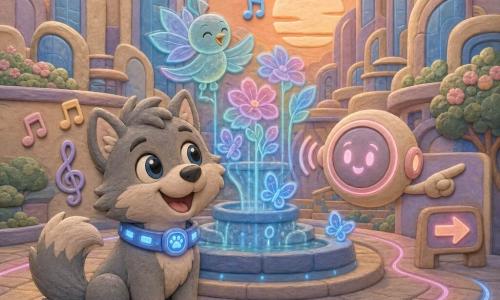 Main character: a small anthropomorphic wolf with fluffy gray fur, big bright round eyes, a glowing blue smart collar, joyful proud expression, sitting by a blue fountain and wagging its tail. Secondary character 1: a tiny holographic bird, translucent blue-green with petal-like wings, singing welcoming expression, perched above the fountain. Secondary character 2: a round floating screen with a gentle glowing ivory face and pale pink halo, voice shown as small light waves, positioned slightly right of the wolf and indicating a path. Setting: a futuristic town square with tall reflective glass towers, smooth paved ground inlaid with pink and blue LED lines, bouncing holographic flowers and small glowing butterflies around the central fountain. Main scene: the little wolf finishes a sound trail as glowing musical notes and chimes float around him at warm sunset, simple reassuring scene in a soft pastel palette.