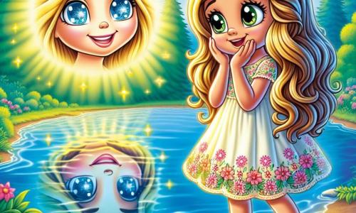 Una niña de 6 años, llamada Luna, con largos cabellos dorados y ojos llenos de curiosidad, está al borde de un lago cristalino. Lleva un vestido ligero con motivos de flores coloridas y muestra una sonrisa maravillada, con los brazos ligeramente extendidos como si quisiera abrazar la belleza del mundo. A su lado, un reflejo luminoso en el agua toma la forma de un rostro sonriente, representando el Lago de la Verdad, con destellos de luz en sus ojos, como si compartiera un secreto. El lugar es un hermoso paisaje de bosque, con árboles majestuosos de hojas verdes vibrantes, flores silvestres de colores brillantes y un cielo azul salpicado de nubes blancas. La escena principal muestra a Luna contemplando su reflejo en el lago, comprendiendo la importancia de la verdad y la honestidad, con una expresión de descubrimiento y alegría en su rostro.