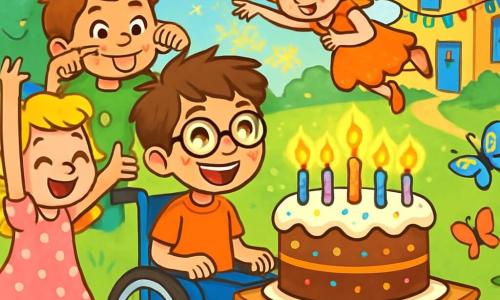 There are 4 characters: Max, a 10-year-old boy with messy brown hair and round glasses, sitting in a wheelchair, smiling with stars in his eyes, surrounded by his friends; Lily, a 10-year-old girl with big blonde curls and a pink polka-dot dress, joyfully dancing next to Max with her arms raised; Sam, a 10-year-old boy with brown hair and a green t-shirt, making a funny face just behind Max, ready to make everyone laugh; and Pippa, a little fairy with sparkling wings and a flower crown, flying above Max, sprinkling magical glitter in the air. The setting is an enchanted garden filled with colorful flowers swaying in the wind, with multicolored butterflies flying around and a large brightly painted house in the background adorned with twinkling lights. The main scene shows Max celebrating his birthday with his friends, surrounded by a huge cake decorated with bright candles, while laughter and music fill the air, and Pippa adds a touch of magic by making the cake sparkle.