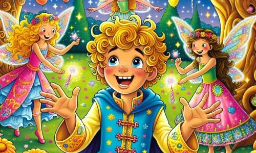 Un principe goffo di nome Pippino, di circa 10 anni, con capelli ricci e dorati, indossa una tunica blu decorata con motivi colorati. Sorride ampiamente, con gli occhi scintillanti di eccitazione, mentre cerca di afferrare delle paste brillanti che scivolano dalle sue mani. Accanto a lui, due fate danzanti, una con ali luccicanti rosa e l'altra verdi, fluttuano allegramente. La fata rosa, che sembra avere 8 anni, ride indicando Pippino, mentre la fata verde, di 9 anni, tiene un dolce in mano e sorride, pronta a offrirlo. La scena si svolge in un grande giardino incantato, pieno di fiori multicolori e grandi alberi dai tronchi dorati. Palloncini fluttuano nell'aria e ghirlande luminose decorano i rami. Pippino, mentre cerca di preparare la festa, fa cadere delle paste scintillanti, mentre le fate ridono e lo incoraggiano, creando un'atmosfera gioiosa e magica.