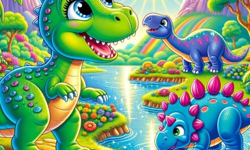 Tilly, a cheerful Tyrannosaurus Rex with bright green skin and shiny scales, stands by a sparkling river, her big round eyes sparkling with excitement. She looks up at the sky, a big smile on her face, ready for adventure. Beside her, Benny, a blue Brontosaurus with a long neck and tail, bends down to admire the colorful flowers around them, his eyes filled with curiosity. Sammy, a Stegosaurus with pink plates on his back, stands a bit back, munching on leaves and watching his friends with a friendly gaze. The setting is a vibrant prehistoric island, with brightly colored trees, multicolored flowers, and a sunny sky dotted with fluffy clouds. The river, a sparkling blue, reflects sunlight, and rainbows dance on its surface. The main scene shows Tilly and her friends gathered by the river, ready to search for the mysterious Rainbow Dino to bring back the lost sparkle of their island.