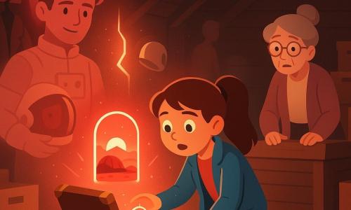 12-year-old Mina, round face and curious eyes, kneeling on a dusty attic floor opening a small shiny brass suitcase that emits a soft red glow and a miniature luminous doorway to Mars above it; an elderly woman (about 70, gray hair in a bun) stands behind to the right with a surprised but tender expression, hands on an old wooden trunk; Theo, a 13-year-old boy in a white spacesuit with his helmet under his arm, appears as a translucent apparition on the left looking through a reddish reflection; Omar, about 12, has a spacesuit helmet floating in a translucent shimmer near a luminous crack and a slightly blurred silhouette to suggest temporal desynchronization; setting: old attic with wooden beams, stacked boxes, hanging coats, a skylight with dust motes, warm wood tones contrasted with the suitcase’s red-orange glow, blending realistic attic objects and stylized Martian elements (dome, red dust) to show a magical time-travel discovery.