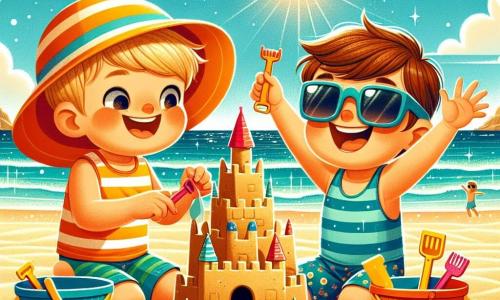 Een 4-jarig jongetje met blond haar en sprankelende ogen glimlacht vrolijk terwijl hij een groot zandkasteel op het strand bouwt. Hij draagt een gestreept zwembroek en een kleurrijke zonnehoed, zijn handen vol zand. Naast hem lacht zijn vriend Sam, een 4-jarig jongetje met bruin haar en een zonnebril, terwijl hij in het zand springt met zijn armen in de lucht. Ze zitten op een gouden strand, met glinsterende blauwe golven op de achtergrond en een zonnige lucht met enkele witte wolken. De scène toont de twee vrienden die hun zandkasteel opnieuw bouwen, met een glimlach op hun gezicht, omringd door kleurrijke emmers en scheppen, wat hun blije vriendschap en samenwerkingsgeest illustreert.
