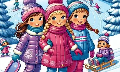 Three girls, Lila, Mia, and Sophie, stand together at the top of a snowy hill. Lila, 8 years old, has long brown hair and wears a bright pink coat with a matching hat. Mia, also 8, has braided blonde hair and is dressed in a blue ski suit with red gloves. Sophie, the youngest at 7, has brown hair and wears a purple coat with a striped scarf. They are all smiling, ready to slide down the slope on their colorful sleds. The scene features a beautiful hill covered in thick, sparkling snow, surrounded by majestic snow-laden pine trees. The sky is bright blue with fluffy white clouds, and the sun shines, creating sparkling reflections on the snow. The girls are about to slide down together, laughing and encouraging each other, while other children play joyfully at the bottom of the hill.