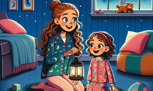 Uma menina de 8 anos, com longos cabelos cacheados e um sorriso radiante, está no centro do palco, segurando uma pequena lanterna que ilumina seu rosto curioso e deslumbrado. Ela veste um pijama colorido com estrelas e luas, e seus olhos brilham de excitação e um leve frio na barriga. Ao lado dela, sua mãe, uma mulher gentil de cerca de 30 anos, com cabelos castanhos presos em um coque, sorri com ternura. Ela está de joelhos, segurando um cobertor macio, e observa sua filha com orgulho, pronta para acompanhá-la nessa aventura noturna. A cena ocorre em uma sala de estar acolhedora, com paredes pintadas de azul escuro, almofadas coloridas espalhadas pelo chão e uma grande janela que revela um céu estrelado. Brinquedos estão dispersos ao redor, adicionando vida ao espaço. A situação principal mostra a menina e sua mãe explorando o ambiente na escuridão, a lanterna projetando sombras dançantes nas paredes, enquanto imaginam juntas histórias mágicas, transformando seu medo do escuro em uma aventura cheia de alegria e descobertas.