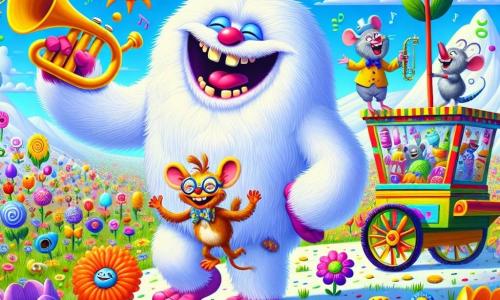 A happy, fluffy yeti named Barry, with soft white fur, round mischievous eyes, is dancing with a big smile on his face. He holds a chicken-shaped trumpet that makes funny sounds. Next to him, a small mouse professor, an elderly man with a curly gray mustache and round glasses, stands on a colorful cart filled with wacky inventions, laughing and waving his arms. The setting is a vast meadow of multicolored flowers, with laughing tulips, lilies whispering jokes, and daisies dancing to a joyful melody. The sky is a bright blue, dotted with candy-shaped clouds. The main scene shows Barry and his floral friends creating a hilarious song, surrounded by laughter and vibrant colors, with bursts of laughter floating in the air like soap bubbles.